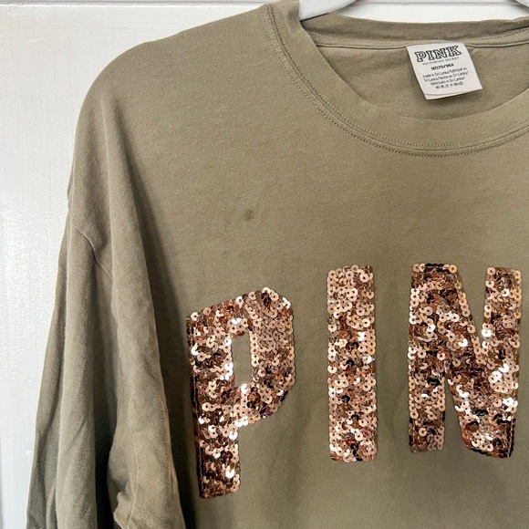 Victoria’s Secret PINK Green Sequins Bling Logo Long Sleeve Tee | M - Picture 6 of 9